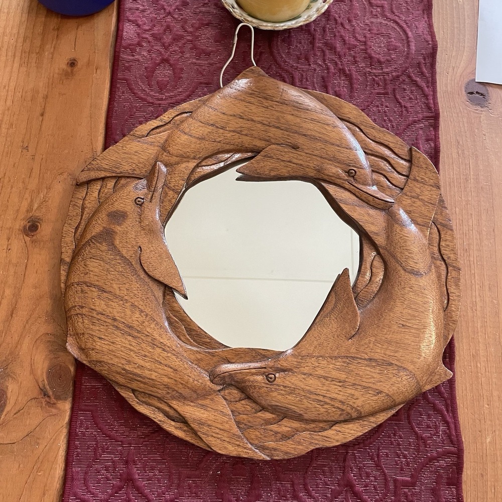Vintage Hand Carved Dolphin Wood Mirror: Coastal Beach Decor 13"